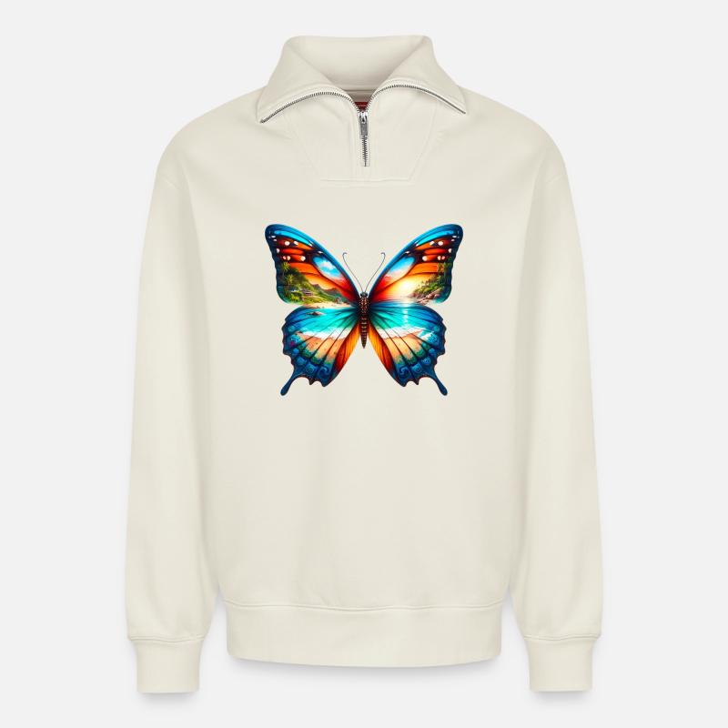 Papillon - Sweat unisexe décontracté en coton biologique à demi-zip – de SPREAD - blanc cassé