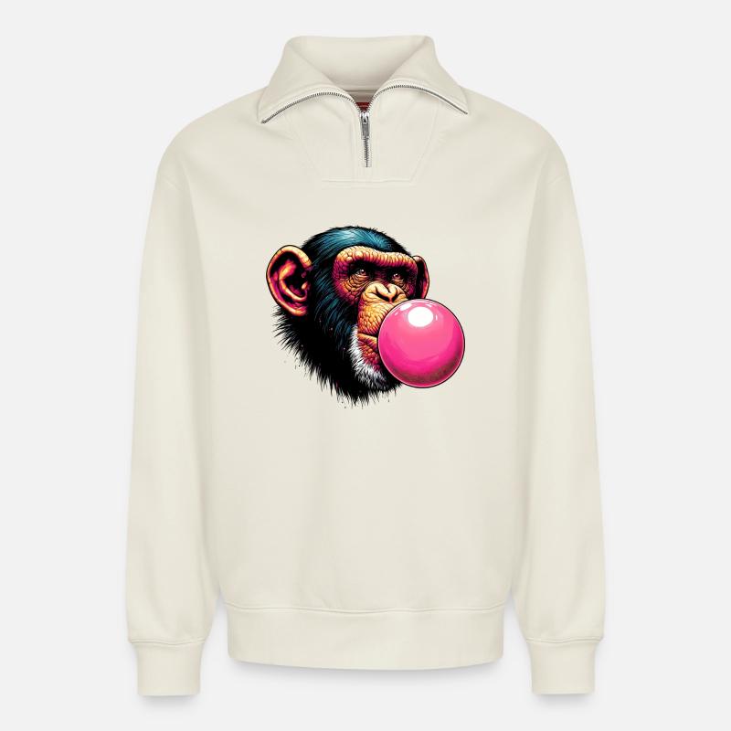 Monkey - Relaxed Unisex Organic Half Zip Sweatshirt – by SPREAD - off white