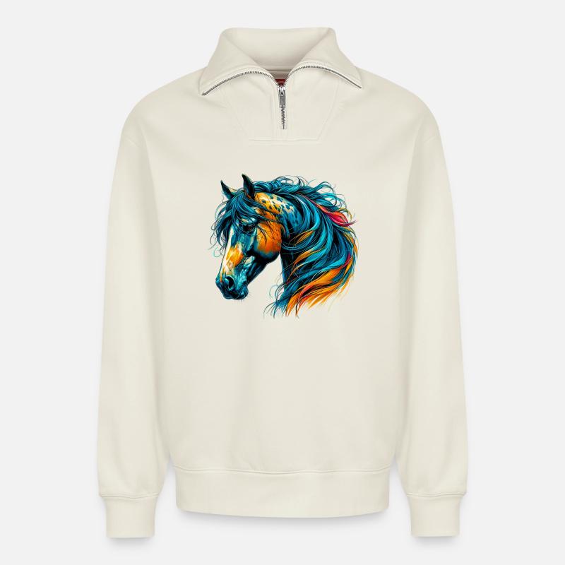 Cheval - Sweat unisexe décontracté en coton biologique à demi-zip – de SPREAD - blanc cassé