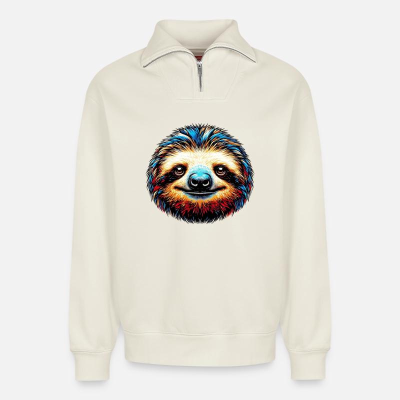 Sloth - Relaxed Unisex Organic Half Zip Sweatshirt – by SPREAD - off white