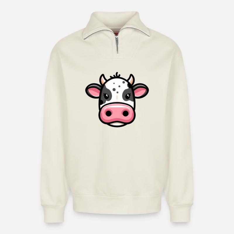 Vache - Sweat unisexe décontracté en coton biologique à demi-zip – de SPREAD - blanc cassé