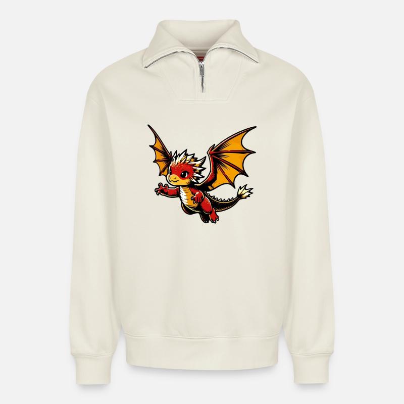 Drache - Relaxed Unisex Organic Half Zip Sweatshirt – von SPREAD - Naturweiß