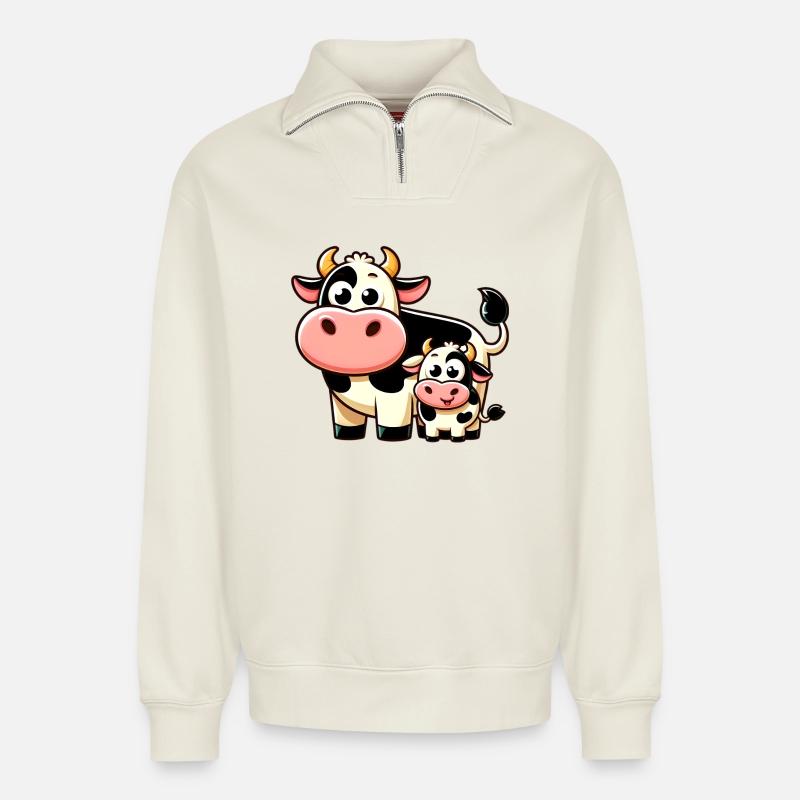 Vache Vaches - Sweat unisexe décontracté en coton biologique à demi-zip – de SPREAD - blanc cassé