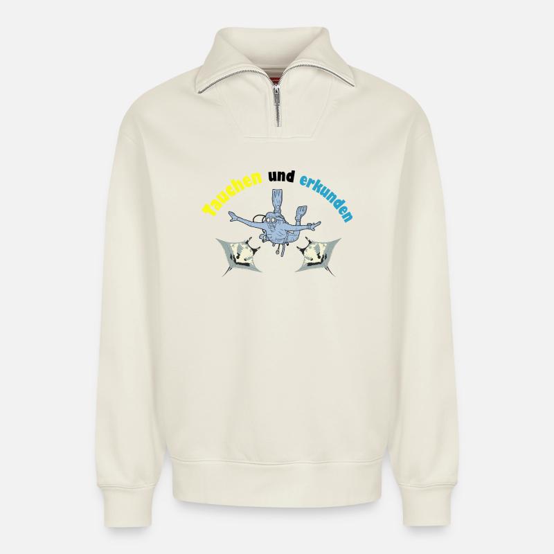 Tauchen und erkunden - Relaxed Unisex Organic Half Zip Sweatshirt – von SPREAD - Naturweiß