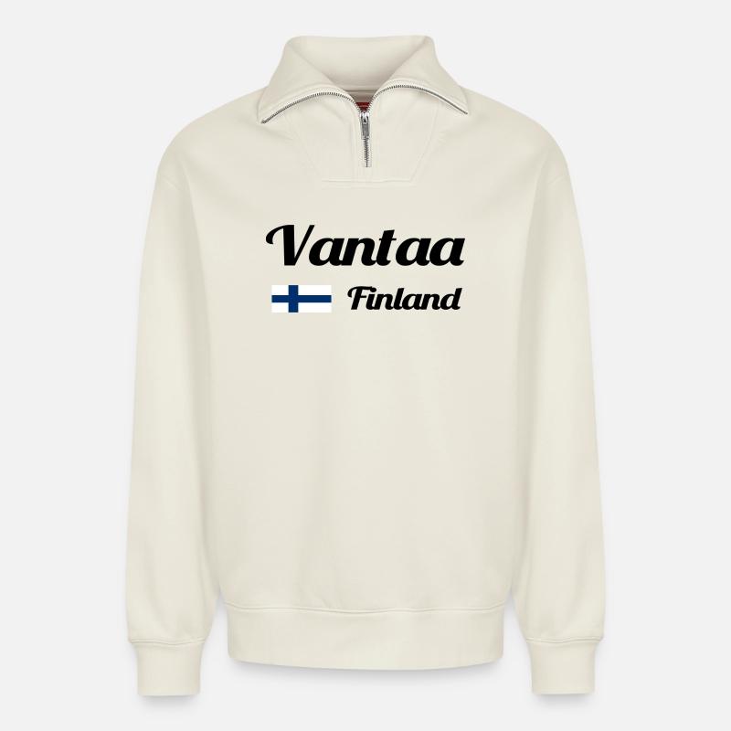 Vantaa Finlande Imprimer - Sweat unisexe décontracté en coton biologique à demi-zip – de SPREAD - blanc cassé