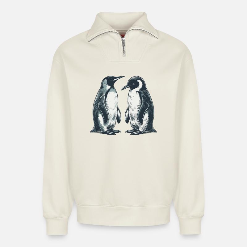 Pingouins - Sweat unisexe décontracté en coton biologique à demi-zip – de SPREAD - blanc cassé