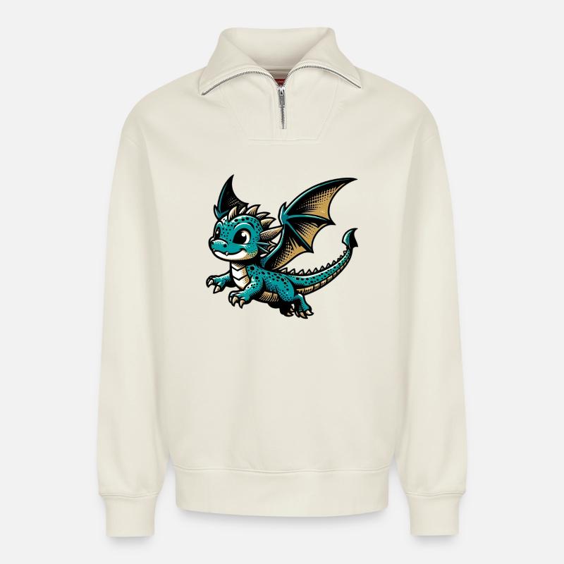 Drache - Relaxed Unisex Organic Half Zip Sweatshirt – von SPREAD - Naturweiß