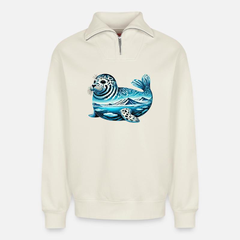 Phoque - Sweat unisexe décontracté en coton biologique à demi-zip – de SPREAD - blanc cassé