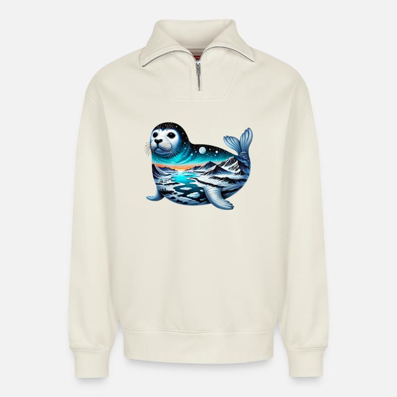 Siegel - Relaxed Unisex Organic Half Zip Sweatshirt – von SPREAD - Naturweiß