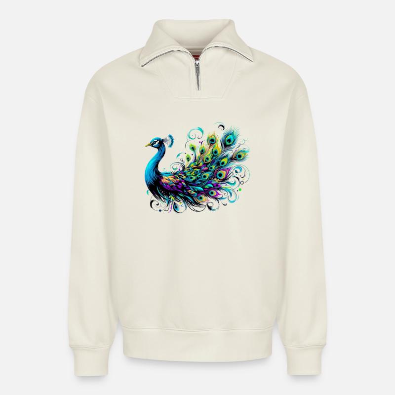 Pfau - Relaxed Unisex Organic Half Zip Sweatshirt – von SPREAD - Naturweiß
