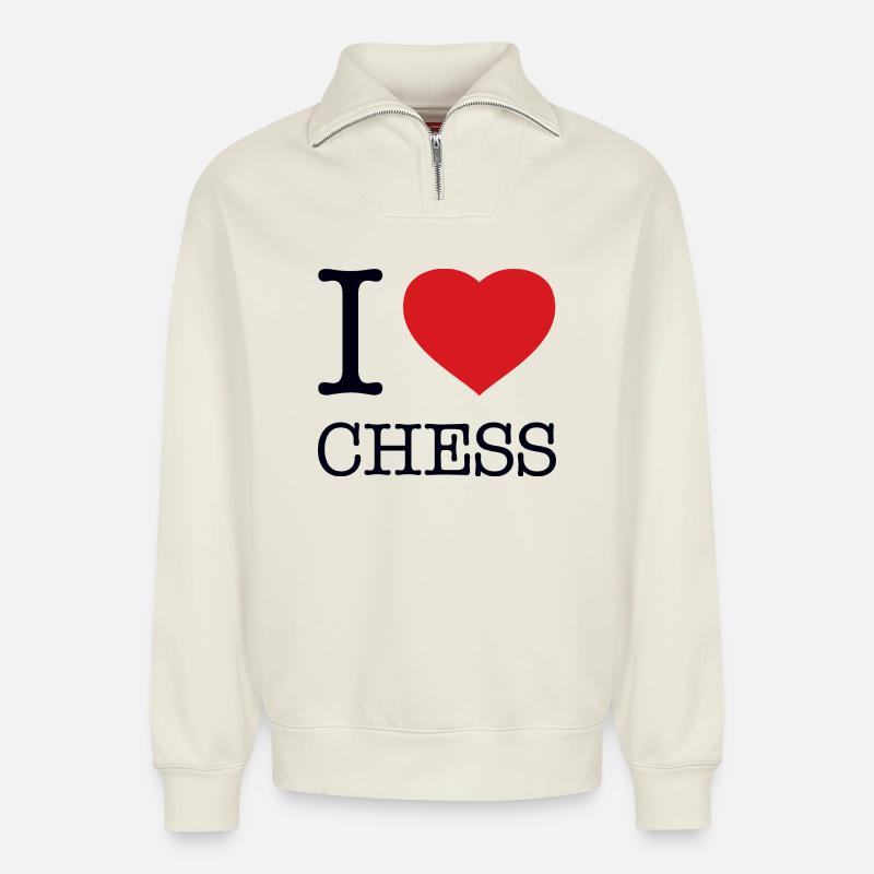 J’ADORE LES ÉCHECS - Sweat unisexe décontracté en coton biologique à demi-zip – de SPREAD - blanc cassé