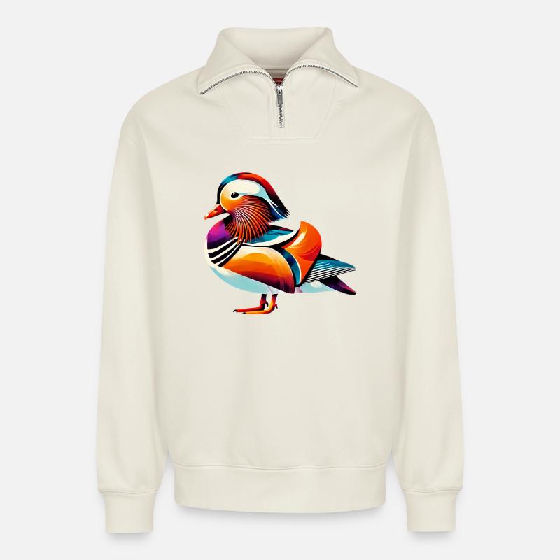 Canard mandarin - Sweat unisexe décontracté en coton biologique à demi-zip – de SPREAD - blanc cassé