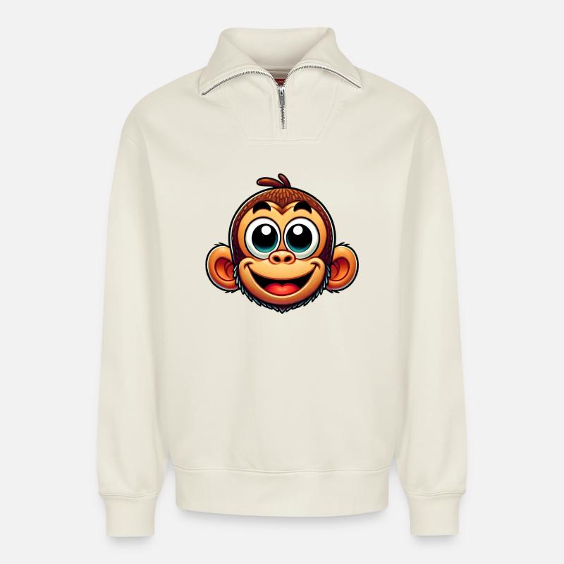 Singe - Sweat unisexe décontracté en coton biologique à demi-zip – de SPREAD - blanc cassé