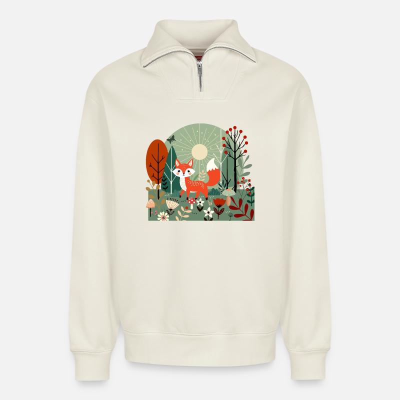 Fröhlicher Fuchs im sonnigen Wald - Relaxed Unisex Organic Half Zip Sweatshirt – von SPREAD - Naturweiß