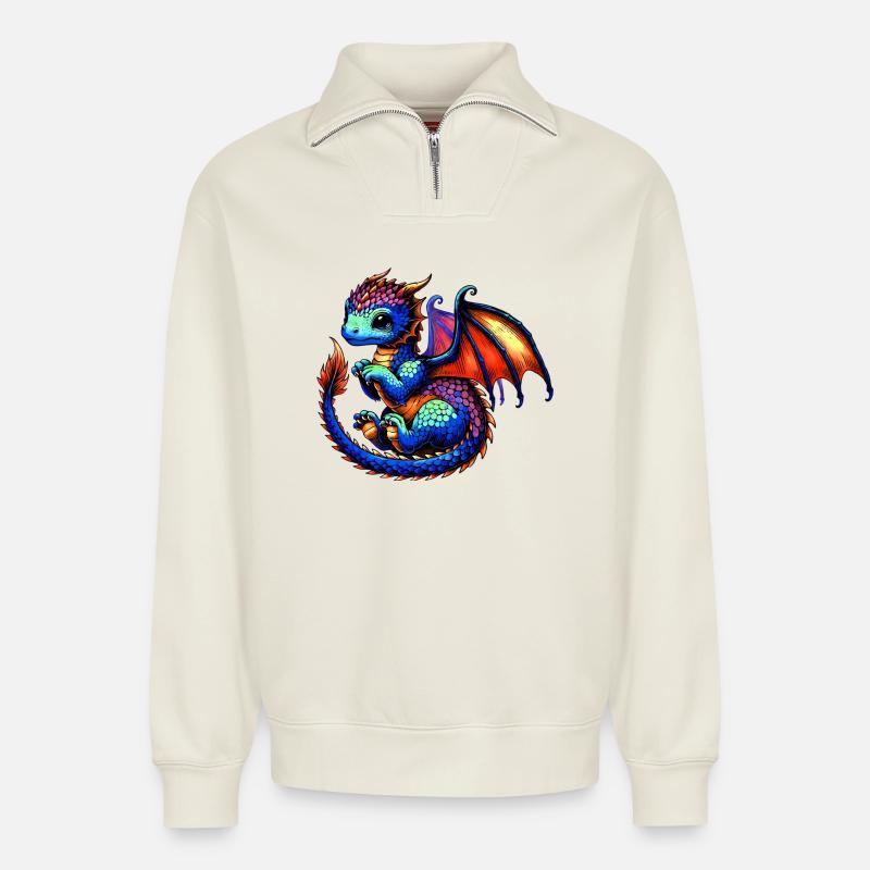 Drache - Relaxed Unisex Organic Half Zip Sweatshirt – von SPREAD - Naturweiß