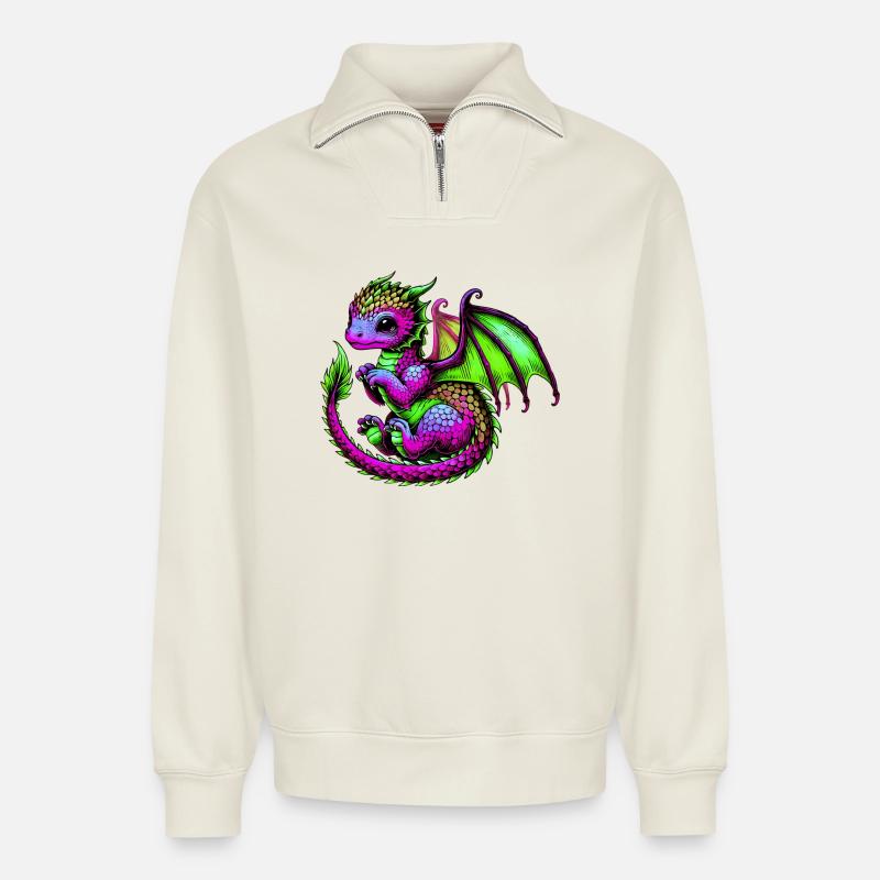 Drache - Relaxed Unisex Organic Half Zip Sweatshirt – von SPREAD - Naturweiß