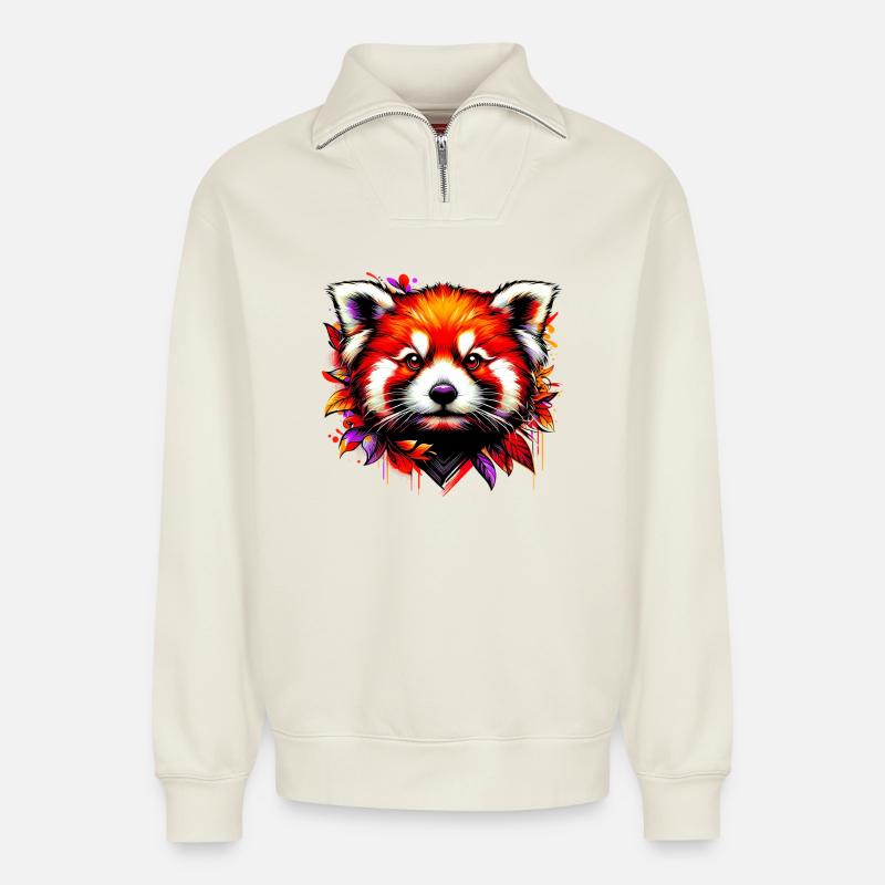 Petit panda - Sweat unisexe décontracté en coton biologique à demi-zip – de SPREAD - blanc cassé