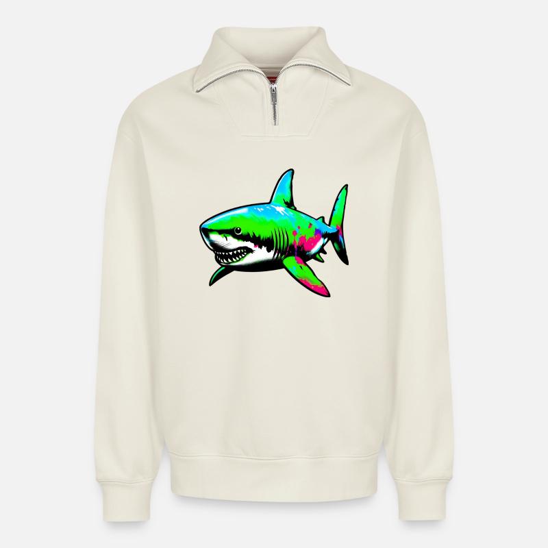 Requin - Sweat unisexe décontracté en coton biologique à demi-zip – de SPREAD - blanc cassé