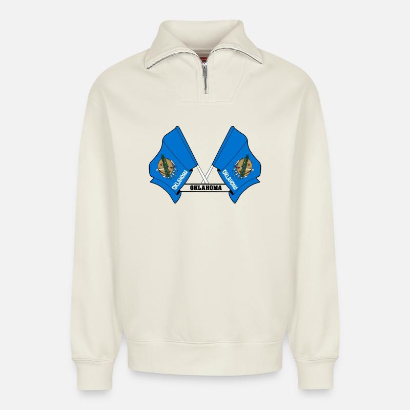 Deux drapeaux texte OKLAHOMA - Sweat unisexe décontracté en coton biologique à demi-zip – de SPREAD - blanc cassé