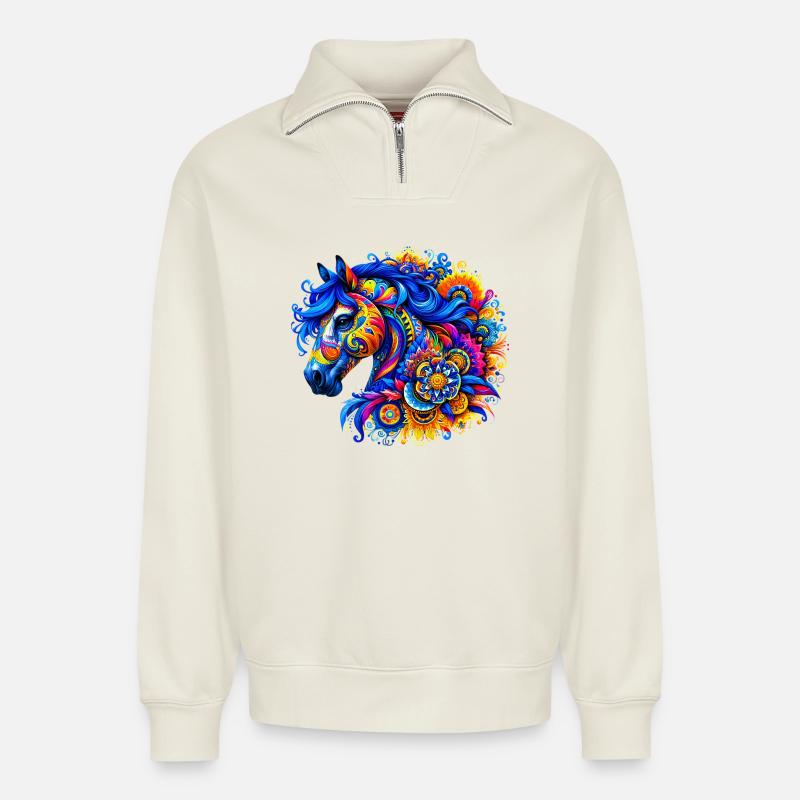 Pferd - Relaxed Unisex Organic Half Zip Sweatshirt – von SPREAD - Naturweiß