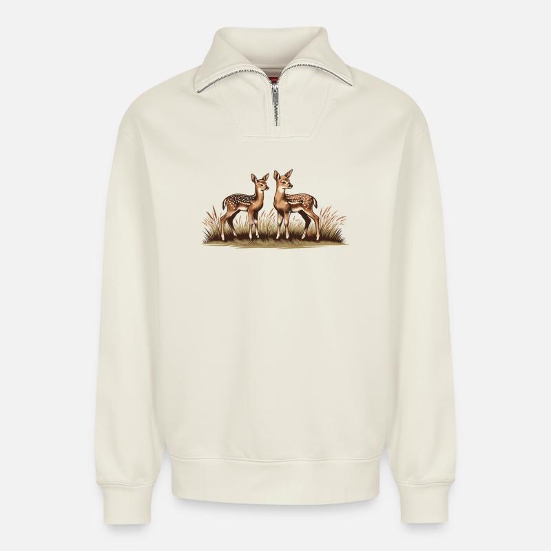 Rehe auf Wiese - Relaxed Unisex Organic Half Zip Sweatshirt – von SPREAD - Naturweiß