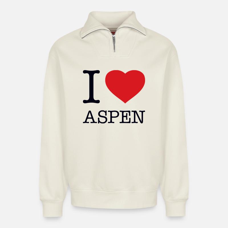 I LOVE ASPEN - Relaxed Unisex Organic Half Zip Sweatshirt – by SPREAD - off white