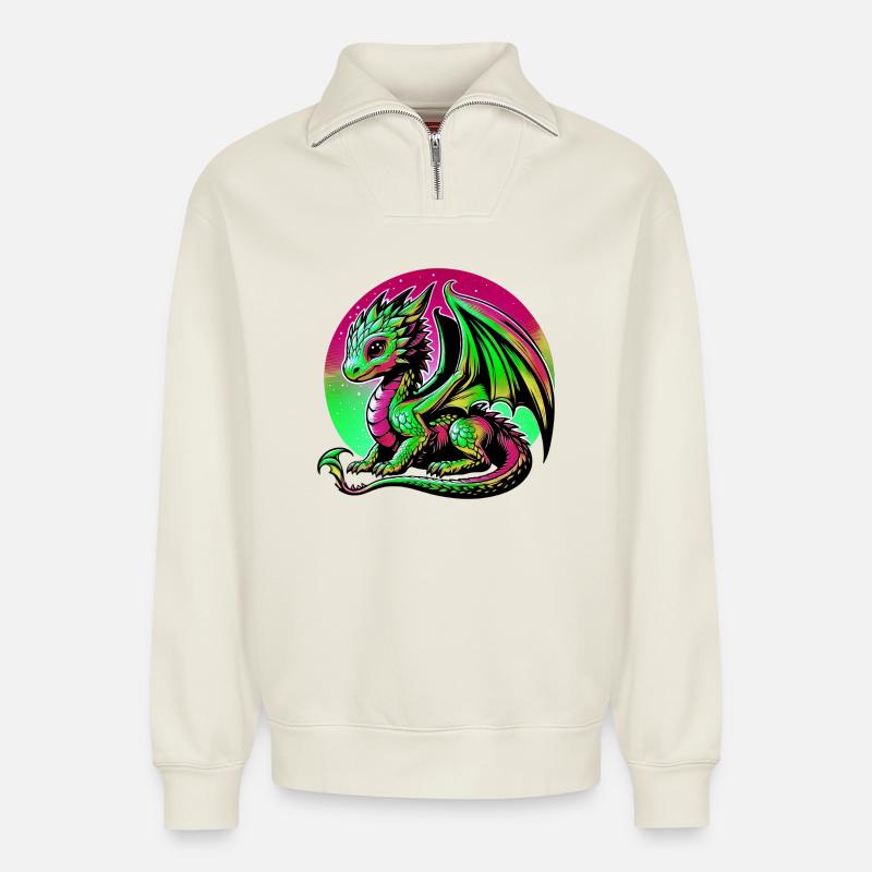 Drache - Relaxed Unisex Organic Half Zip Sweatshirt – von SPREAD - Naturweiß