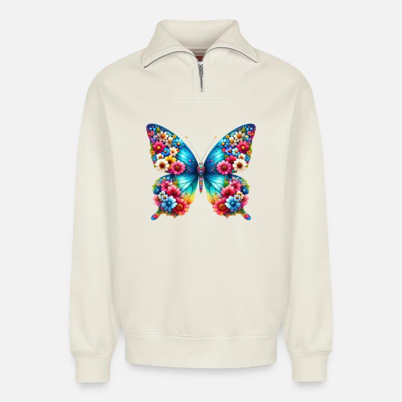 Papillon - Sweat unisexe décontracté en coton biologique à demi-zip – de SPREAD - blanc cassé