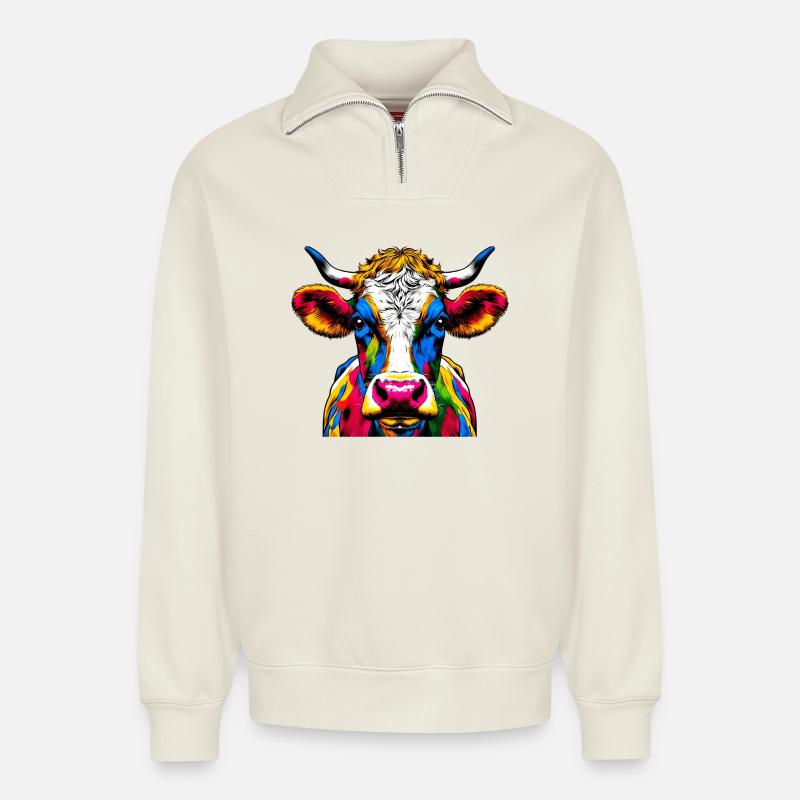 Kuh - Relaxed Unisex Organic Half Zip Sweatshirt – von SPREAD - Naturweiß
