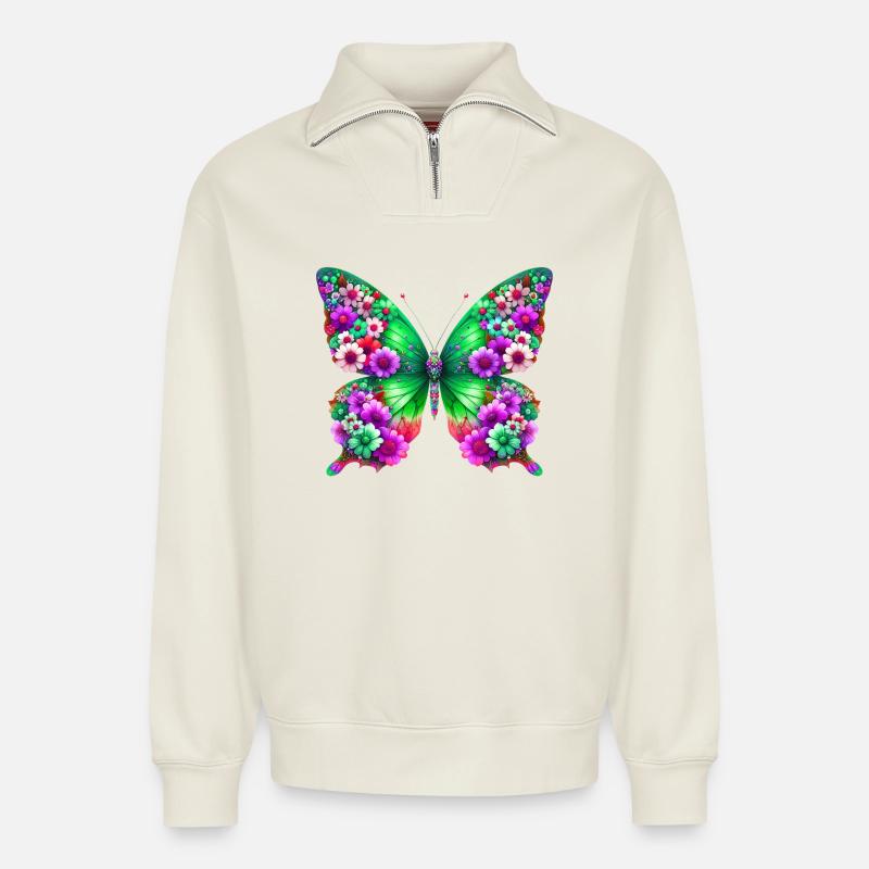 Papillon - Sweat unisexe décontracté en coton biologique à demi-zip – de SPREAD - blanc cassé