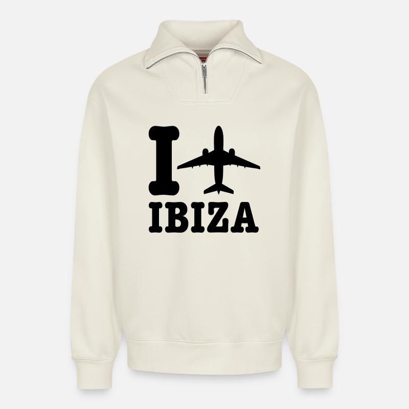 Vacances Ibiza - Sweat unisexe décontracté en coton biologique à demi-zip – de SPREAD - blanc cassé