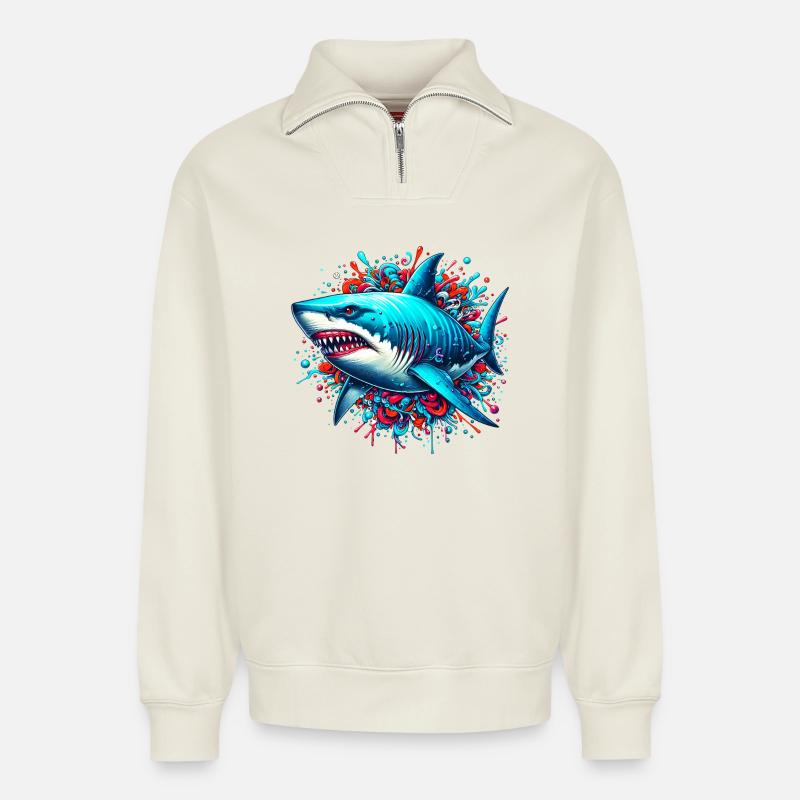 Requin - Sweat unisexe décontracté en coton biologique à demi-zip – de SPREAD - blanc cassé