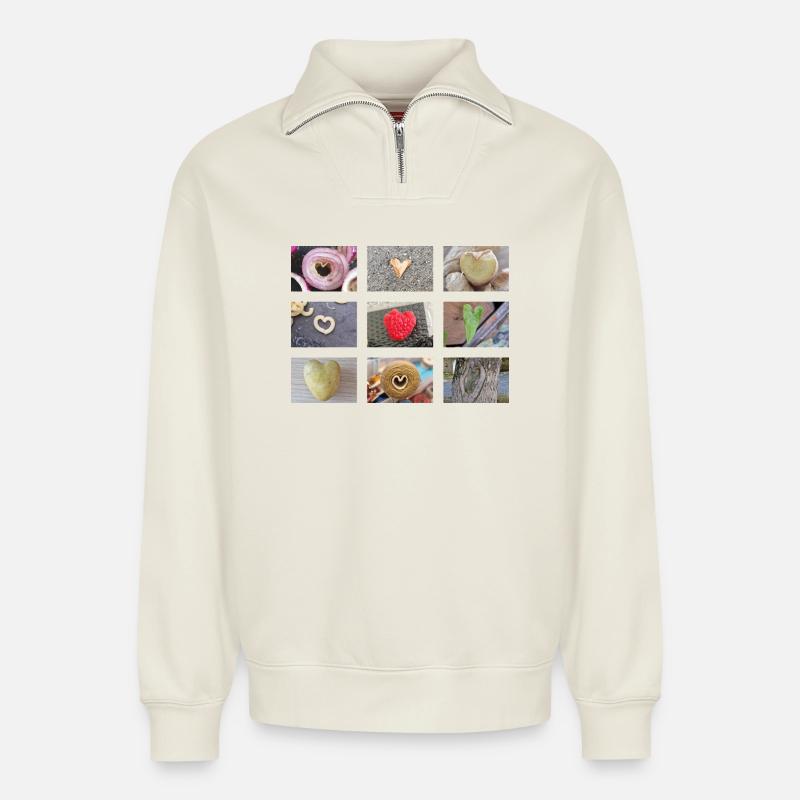 Love ist everywhere. - Relaxed Unisex Organic Half Zip Sweatshirt – von SPREAD - Naturweiß