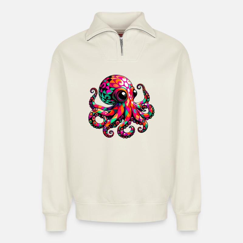 Krake - Relaxed Unisex Organic Half Zip Sweatshirt – von SPREAD - Naturweiß