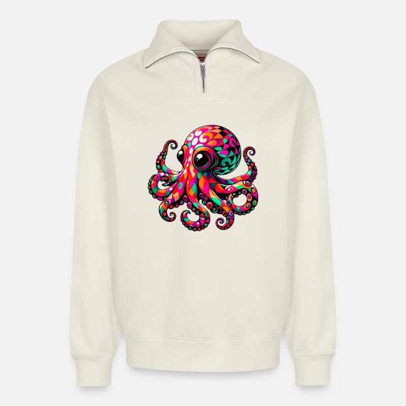 Krake - Relaxed Unisex Organic Half Zip Sweatshirt – von SPREAD - Naturweiß