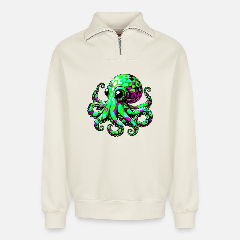 Octopus - Relaxed Unisex Organic Half Zip Sweatshirt – by SPREAD - off white