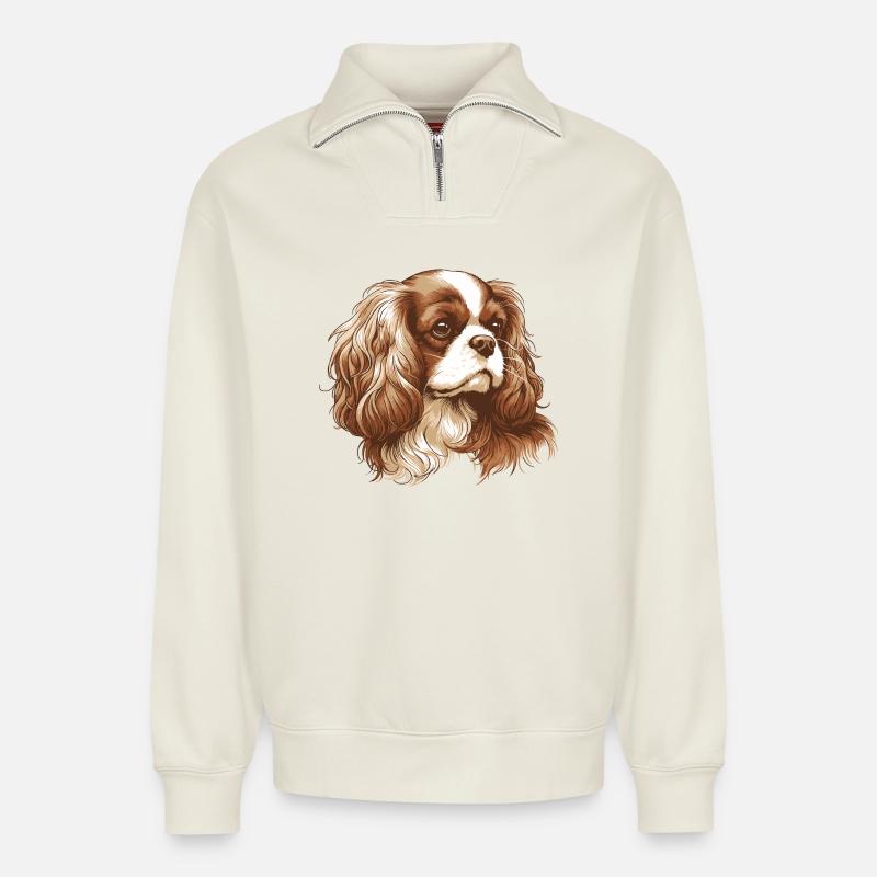 Cavalier King Charles Spaniel - Sweat unisexe décontracté en coton biologique à demi-zip – de SPREAD - blanc cassé