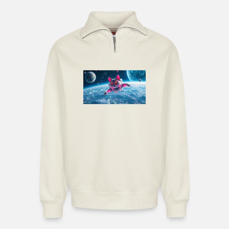Katze Astronaut - Relaxed Unisex Organic Half Zip Sweatshirt – von SPREAD - Naturweiß