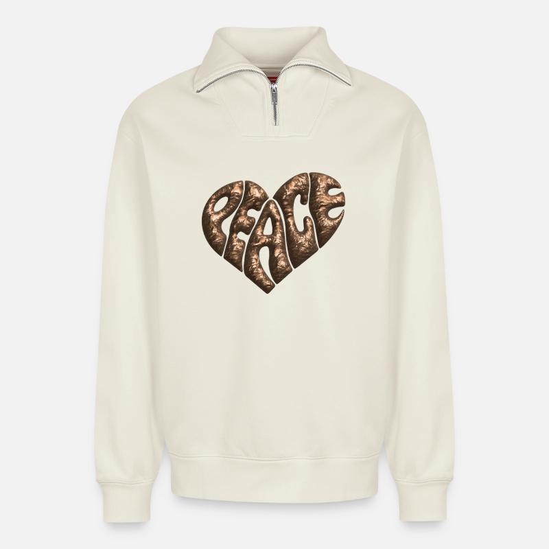 Peace Herz 3d Kupfer - Relaxed Unisex Organic Half Zip Sweatshirt – von SPREAD - Naturweiß