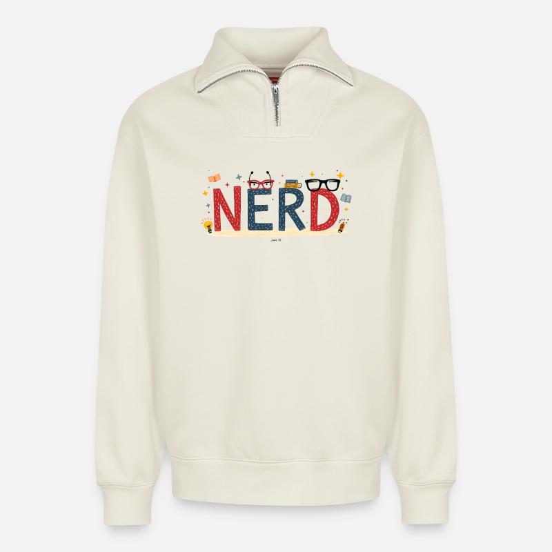 Nerd mit Riesenbuchstaben und Brille - Relaxed Unisex Organic Half Zip Sweatshirt – von SPREAD - Naturweiß