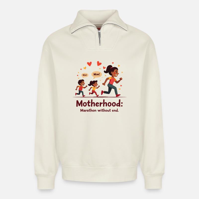 Muttersein: Marathon ohne Ende. - Relaxed Unisex Organic Half Zip Sweatshirt – von SPREAD - Naturweiß
