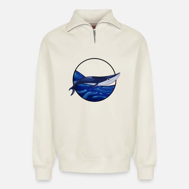 Schwimmender Blauwal - Relaxed Unisex Organic Half Zip Sweatshirt – von SPREAD - Naturweiß