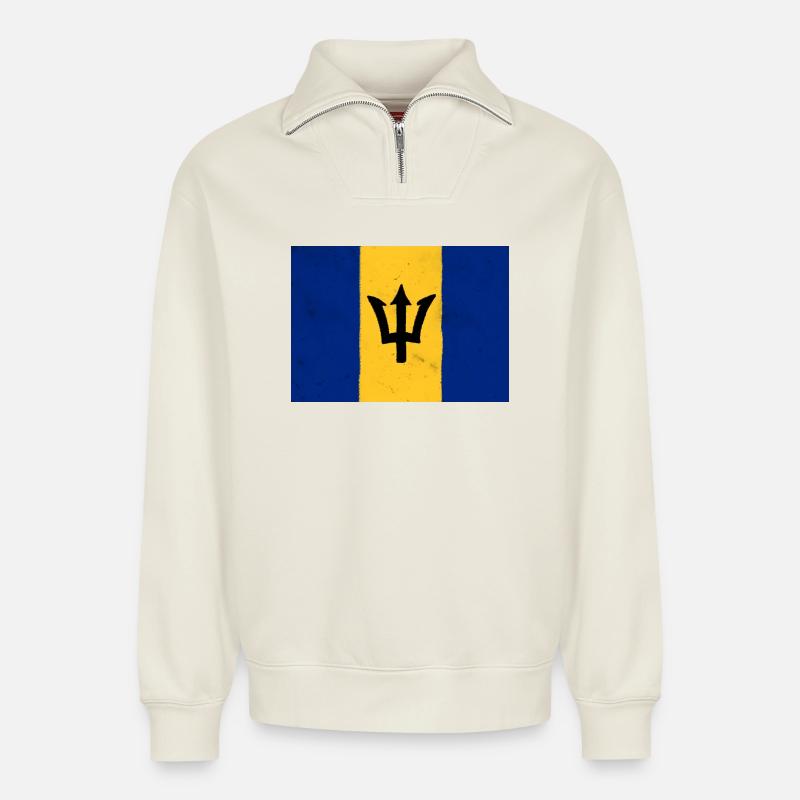 Drapeau de la Barbade - Sweat unisexe décontracté en coton biologique à demi-zip – de SPREAD - blanc cassé