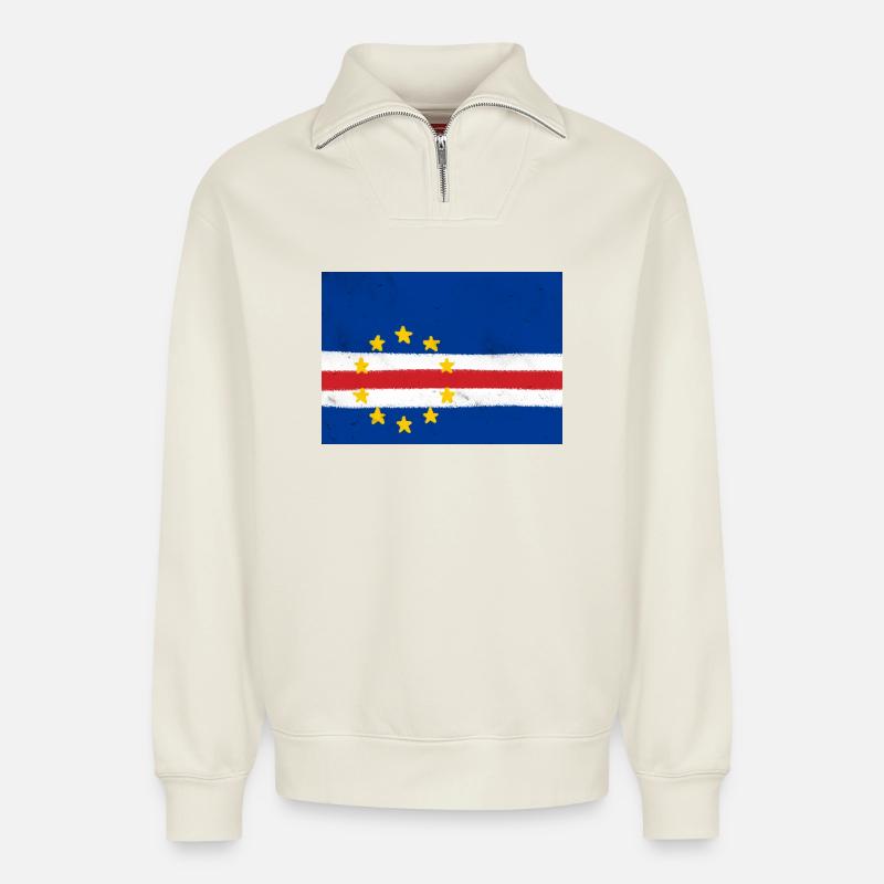 Drapeau du Cap-Vert - Sweat unisexe décontracté en coton biologique à demi-zip – de SPREAD - blanc cassé