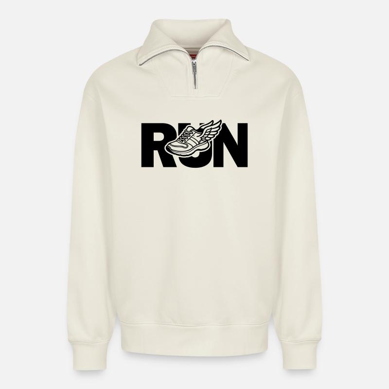 Run - course à pied - Sweat unisexe décontracté en coton biologique à demi-zip – de SPREAD - blanc cassé