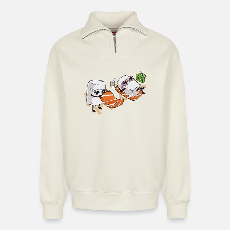 Sommer-Sushi - Relaxed Unisex Organic Half Zip Sweatshirt – von SPREAD - Naturweiß