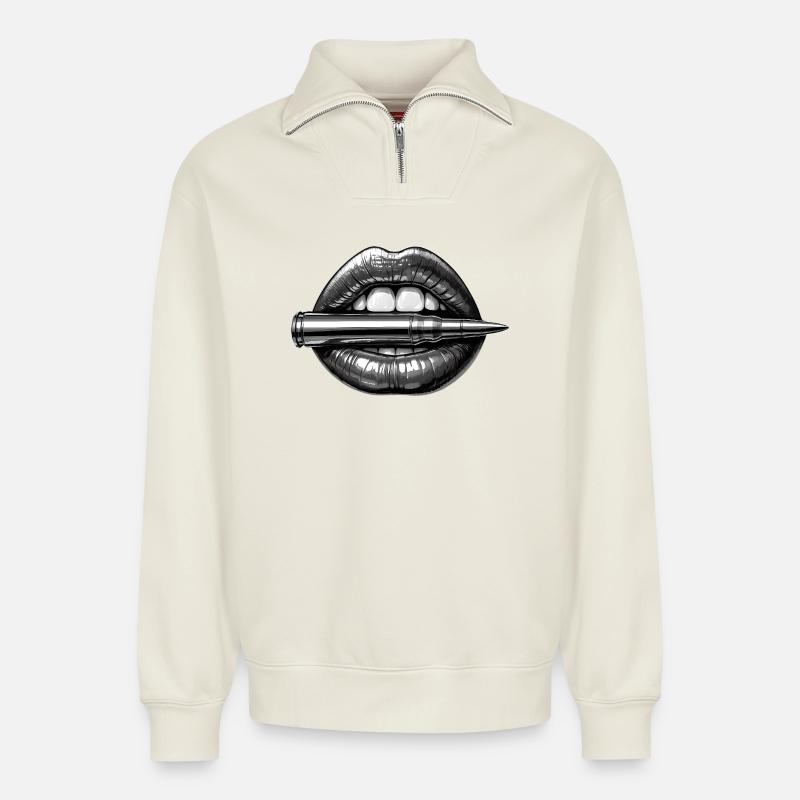 Bullet Lips - Relaxed Unisex Organic Half Zip Sweatshirt – by SPREAD - off white