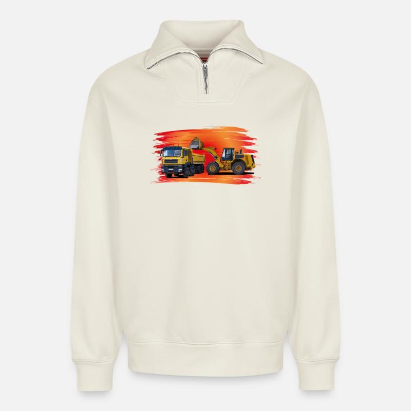 Laster und Bagger auf rot - Relaxed Unisex Organic Half Zip Sweatshirt – von SPREAD - Naturweiß
