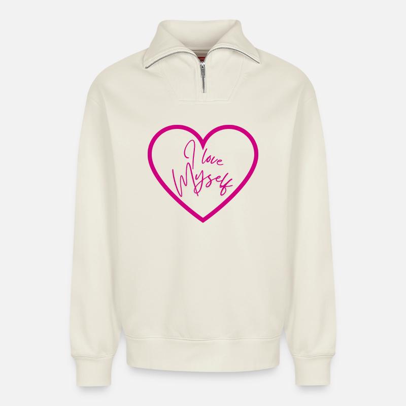 Ich liebe mich - Relaxed Unisex Organic Half Zip Sweatshirt – von SPREAD - Naturweiß