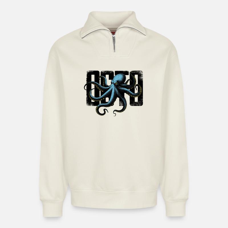 Pieuvre Stylisée - Sweat unisexe décontracté en coton biologique à demi-zip – de SPREAD - blanc cassé